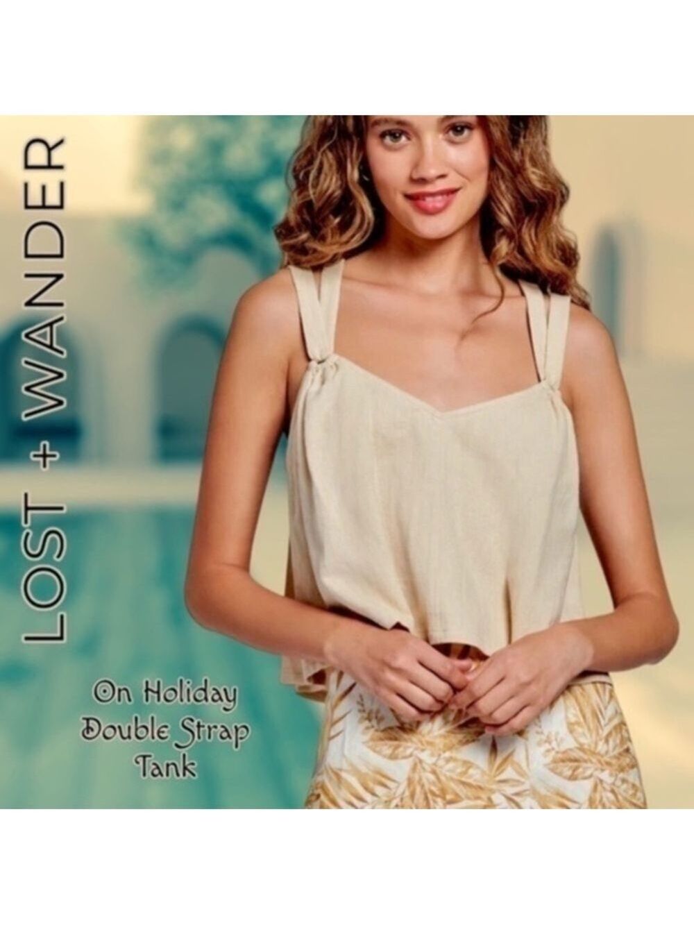 LOST + WANDER On Holiday Linen Blend Flowy Wide Strap Crop Top NWT/Lg